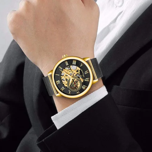 Vista 6 de Reloj de Esqueleto para Hombre Clásico con Números Romanos Steampunk Reloj Mecánico de Cuerda Manual Relojes para Hombre (Azul)