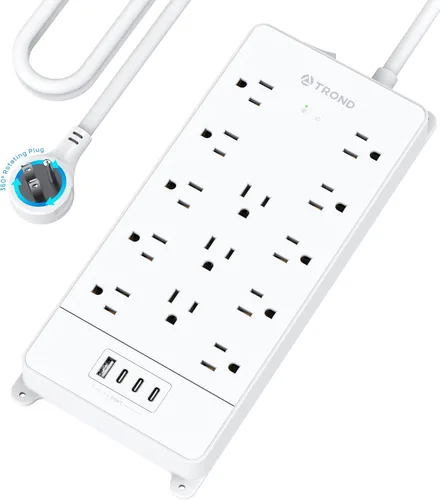 Vista 13 de TROND - Alargador de corriente con enchufe plano giratorio 360°, protector contra sobretensiones, 13 tomas amplias con 3 puertos USB C, 4000 J