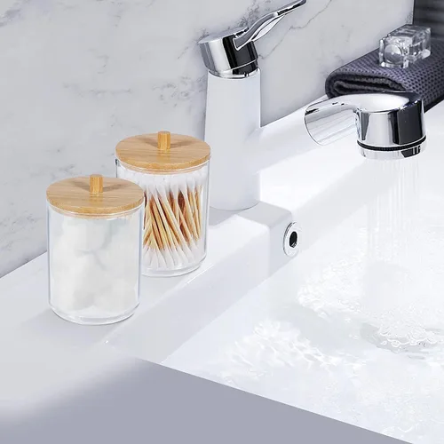 Vista 6 de Qtip - Dispensador de soporte con tapas de bambú y bandeja de tocador, recipientes de plástico transparente de 10 onzas para almacenamiento