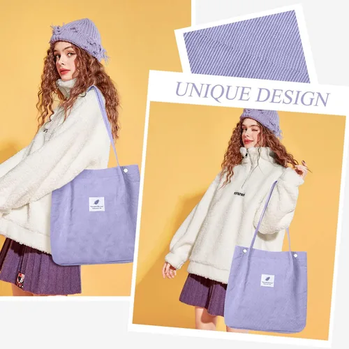 Vista 7 de Bolsas de pana para mujeres y niñas, bolsa de pana de gran capacidad, reutilizable, con bolsillos interiores