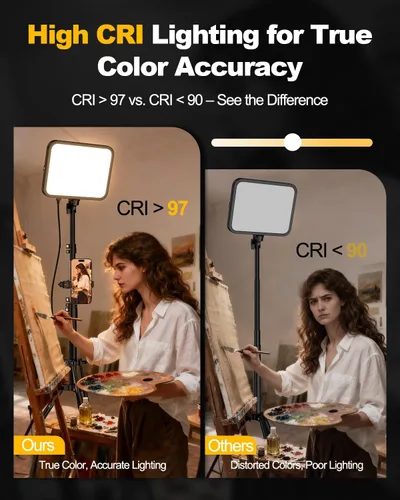 Vista 2 de UBeesize - Pack de 2 luces de video LED, luces de estudio para fotografía regulables de 3000-6500K con soporte para trípode y soporte para teléfono