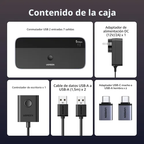 Vista 9 de UGREEN Interruptor USB 3.0 de 2 entradas y 7 salidas, conmutador USB para compartir dispositivos USB A y C entre 2 computadoras (4USB-A + 3USB-C)