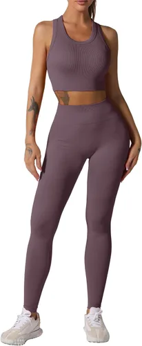 Vista 58 de Conjuntos de entrenamiento para mujer, 2 piezas, sin costuras, acanalada, sin mangas, brasier deportivo, cintura alta, pantalones cortos