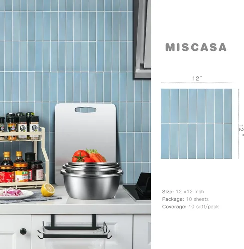 Vista 3 de Azulejo azul para salpicaduras de 10 hojas, revestimiento 3D adhesivo para cocina, baño, azulejos de pared (12 x 12 pulgadas)
