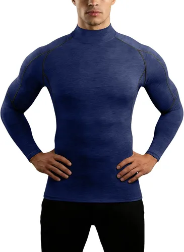 Vista 9 de Camisa de compresión para hombre, cuello alto falso raglán de manga larga, camiseta interior elástica de capa base atlética