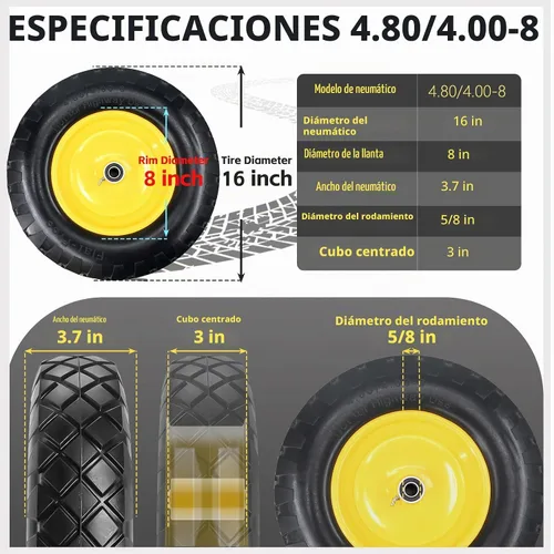 Vista 6 de Neumático y rueda sólidos para carretilla 4.80/4.00-8, neumático sin aire de 16" con cubo centrado de 3", rodamientos de 5/8" y 3/4", compatible