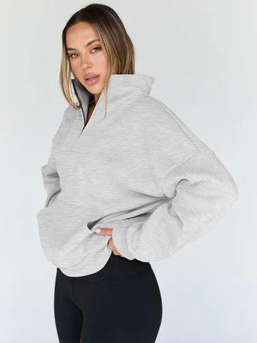 Vista 4 de Trendy Queen - Sudaderas con medio cierrey capucha de gran tamaño, comoda, extragrande, para otoño, Y2K, ropa de invierno, 2024 Gris