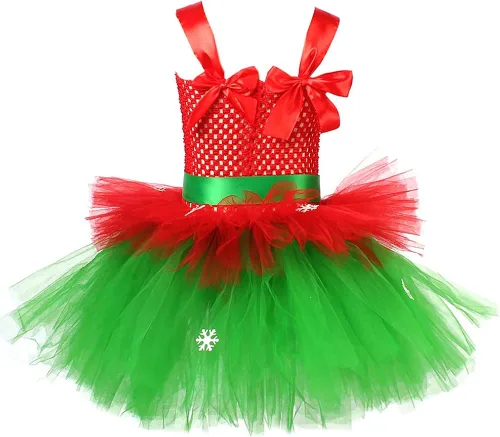 Vista 3 de IBTOM CASTLE Disfraces de elfo para niños, vestido de tul y sombrero verde para niña, ayudante de Papá Noel, sesión de fotos de Navidad