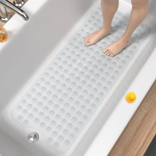 Vista 7 de HITSLAM Alfombra de baño para bañera, antideslizante, 40 x 16 pulgadas, extra larga, lavable a máquina, con ventosas y orificios de drenaje, suave