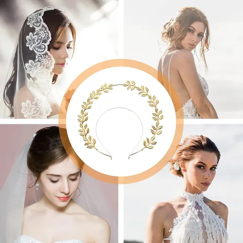 Vista 8 de SOLUSTRE Diadema de estrella con halo de ángel, diadema dorada estilo griego, corona celestial con hojas, doble capa, tiara de diosa, aro