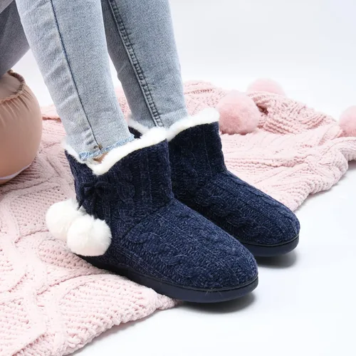 Vista 7 de DL Pantuflas de mujer cálidas para el hogar, esponjosas y lindas para el invierno, cómodas botas de espuma viscoelástica de punto trenzado, botas