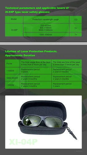 Vista 5 de Gafas de seguridad láser XI-04P Gafas de seguridad láser 200-450nm/800-1100nm/1000-1090nm Profesional OD7+YAG Gafas protectoras láser industriales