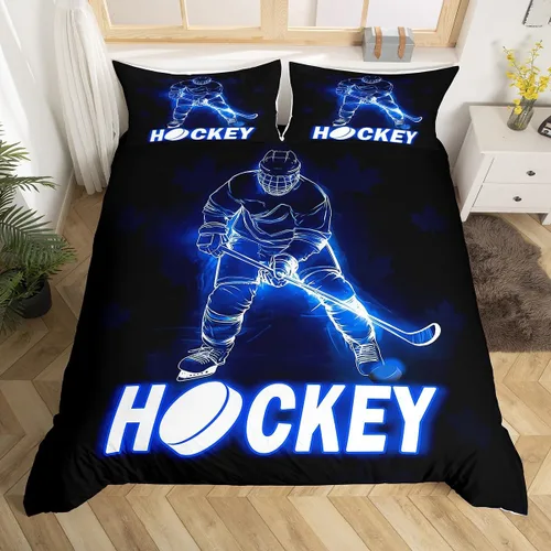 Vista 9 de Erosebridal Hockey Twin Duvet Cover for Boys,Blue and Black Sports Bedding Sets for Kids Teen,Ball Games Gamer Bed Set,Ice Hockey Field Quilt Cover
