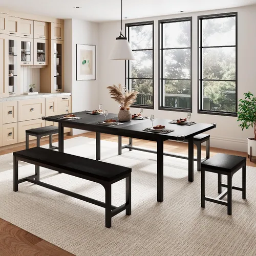 Vista 7 de Einhomn Juego de Mesa de Comedor de 5 Piezas para 4-6, Mesa de Cocina Extensible de 63" con 2 Bancos y 2 Taburetes, Estructura de Metal y Tablero