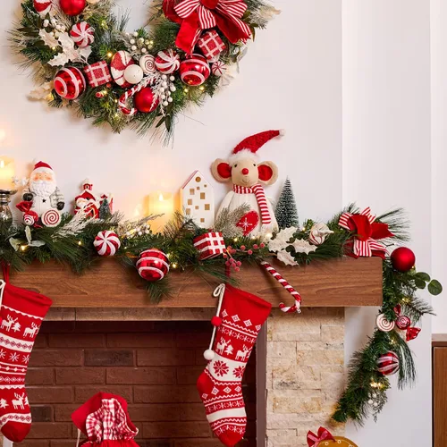 Vista 3 de Valery Madelyn - Guirnalda de Navidad preiluminada de 2,7 m con luces para repisa, guirnalda iluminada para exteriores de Navidad con bolas y lazos