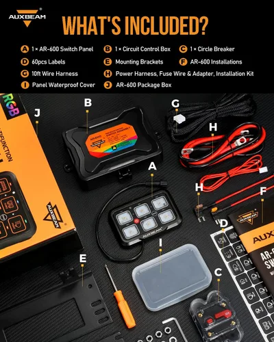 Vista 7 de Panel de interruptores Auxbeam de 6 bandas Bluetooth RGB AR-600 con modos de palanca momentáneos y pulsados, pod de interruptor multifuncional