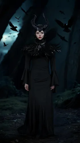 Vista 6 de UQJE Vestido negro de lujo para mujer, disfraz de capa de plumas con cuernos