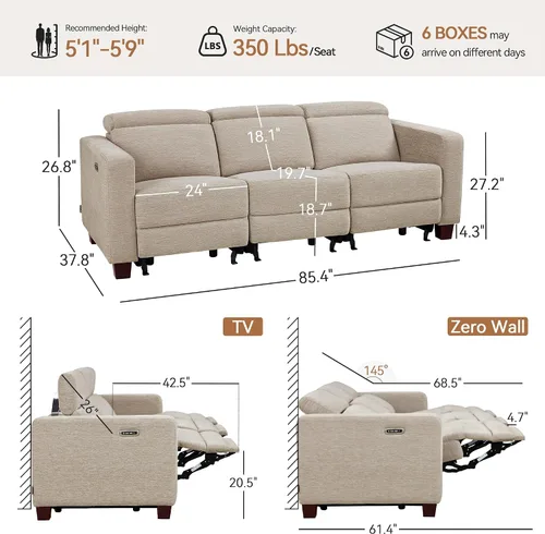 Vista 3 de MCombo Sofá Reclinable de 88.6'', Sofá Reclinable Eléctrico Wall Hugger con Reposacabezas Ajustable, Puertos de Carga USB A y C, Patas de Madera