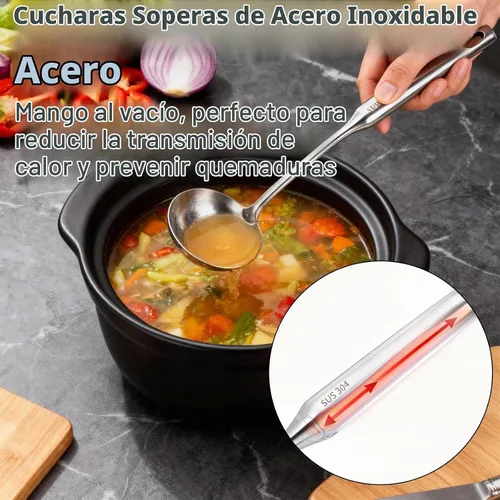 Vista 4 de TBWHL Cucharón de Sopa de Metal 34 cm de Acero Inoxidable 304 con Mango Largo - Cucharón de Cocina Profesional con Mango Ergonómico y Equilibrio