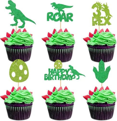 Vista 20 de Ercadio 40 piezas comestibles de dibujos animados de dinosaurios para cupcakes para bebida, decoración de tartas para temática de dinosaurios, baby