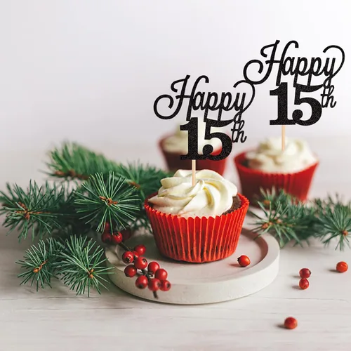 Vista 4 de Paquete de 24 adornos para cupcakes con purpurina número 15, quince cumpleaños, decoración para cumpleaños de 15 años, suministros de fiesta de Negro