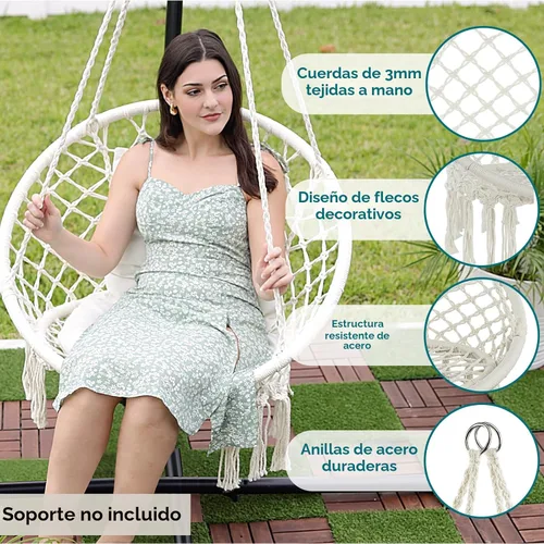 Vista 3 de JoyView Silla Hamaca de Macramé Colgante Máx. 330 Libras con 2 Cojines y Kits de Herrajes para Interior Exterior Dormitorio Patio Jardín - Beige