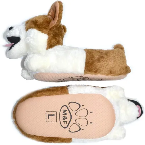 Vista 13 de Millffy Pantuflas clásicas de conejo para adultos, pantuflas de felpa de tamaño infantil, pantuflas de animales de pastor perro corgi disfraz calzado