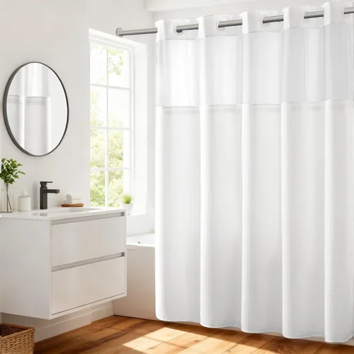 Vista 31 de Cortina de baño River Dream de gran peso sin ganchos necesarios con diseño de gofre punteado y forro a presión - 36W x 74H, de calidad hotelera