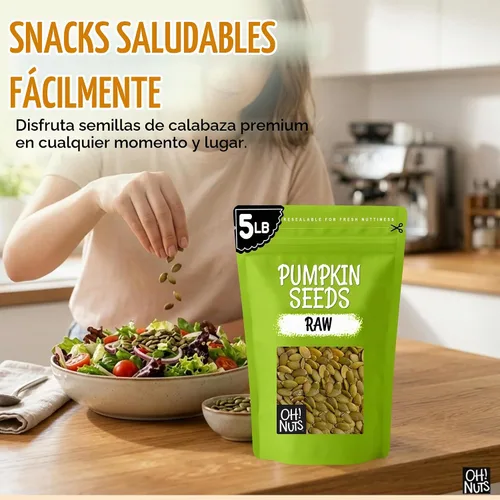 Vista 4 de Oh! Nuts Pepitas - Semillas de calabaza crudas sin sal – Bolsa resellable a granel de 5 libras – Potencia proteica totalmente natural – Snacks