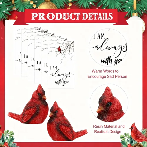 Vista 3 de Roowest El juego de 18 piezas de regalo conmemorativo cardenal incluye mini figuras de estatua de pájaro cardenal rojo, tarjetas de plumas rojas
