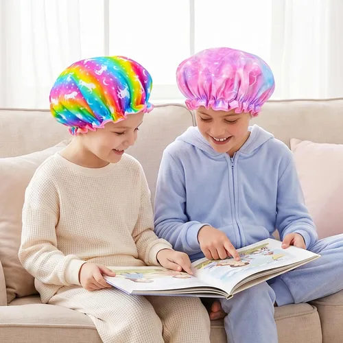 Vista 5 de Olypegic Gorro de ducha para niños, 3 piezas, para niñas, reutilizable, impermeable, ajustable, grande, con unicornio, sirena, arco iris, lindo