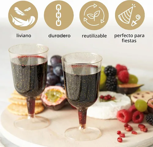 Vista 4 de MATANA 100 copas de vino de plástico, purpurina dorada de 6 onzas – Copas de vino doradas – Copas de vino – Cálices de plástico elegantes