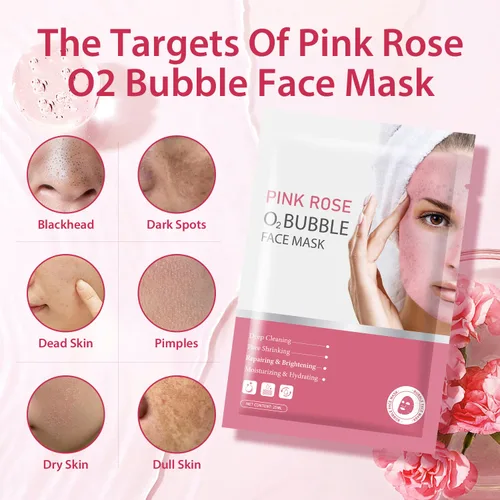Vista 3 de IREV Paquete de 10 mascarillas faciales de burbujas rosa O2 para el cuidado de la piel, regalos de spa para mujeres, máscara facial limpiadora