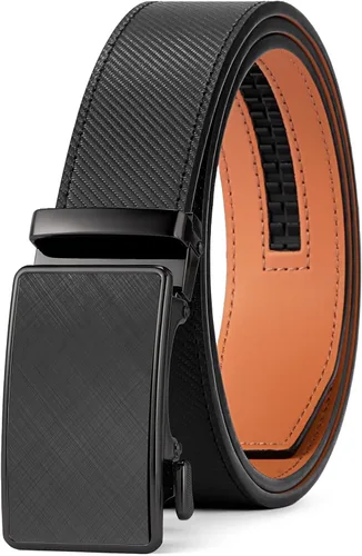 Vista 7 de SENDEFN Cinturón de cuero para hombre, con hebilla de trinquete automática, cinturón casual de 1 3/8 pulgadas de ancho, ribete ajustable