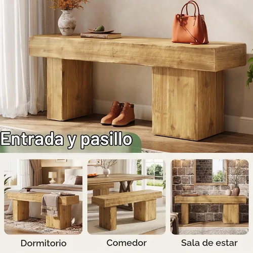 Vista 6 de Banco de Madera Maciza Engrosada, Banco de Entrada Rústico Estilo Granja de 47", con Patas Artísticas, Banco de Comedor de Servicio Pesado