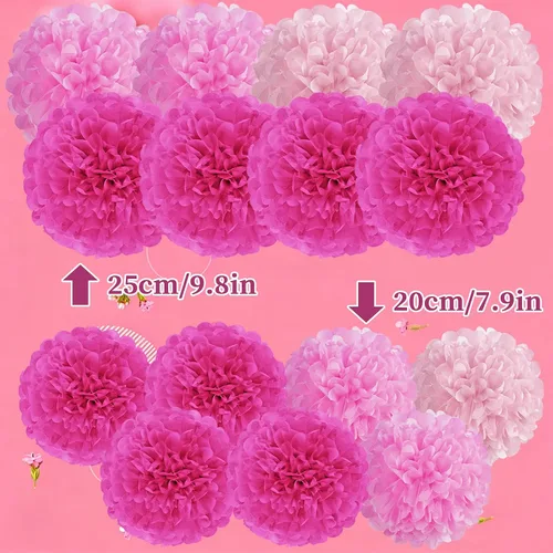 Vista 2 de Pompones de Papel de Flores Rosa Intenso Decoraciones Colgantes Bola de Flores Rosas para el Día de la Madre Baby Shower Boda Guardería Fiesta