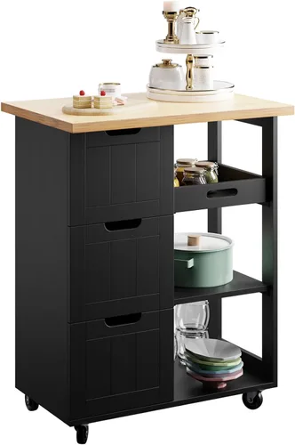 Vista 7 de SUNLEI Isla de Cocina con Carro de Almacenamiento, Carrito Rodante de Café Pequeño, Mesa de Corte de Madera, Microondas con 3 Cajones sobre Ruedas