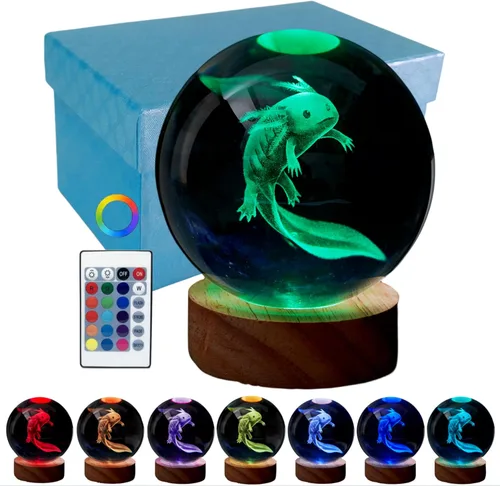 Vista 13 de Lámpara de bola de cristal 3D de Axolotl, lámpara de noche de bola de cristal mejorada de 3.15 pulgadas con 16 colores LED, base de madera, control