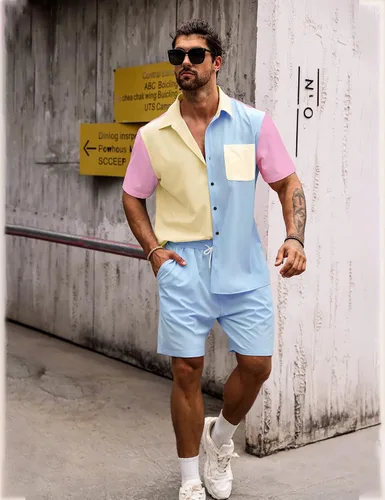 Vista 4 de LecGee Conjunto de 2 piezas de camisa y pantalones cortos de manga corta con botones para hombre