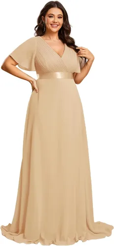 Vista 15 de Ever-Pretty Vestidos formales de noche de gasa para mujer con cuello en V de talla grande para mujeres con curvas, vestido de dama de honor de largo