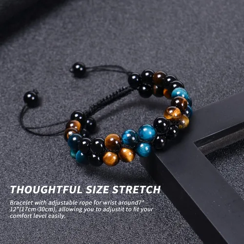 Vista 3 de Triple Crystal Protection Bracelet Handmade Black Obsidian Blue Tiger Eye and Hematite Stone Natural Crystal Healing Jewelry for Men Women