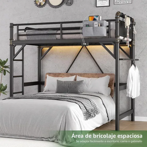 Vista 7 de Cama tipo loft tamaño Twin con luces LED y estación de carga, marco de cama loft de metal industrial de servicio pesado con escalera y barandilla