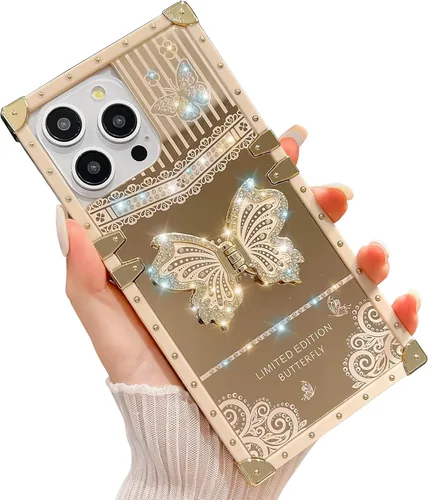 Vista 7 de Funda Rectangular de Lujo Femenina Compatible con iPhone 16 Pro Max Diseñada con Soporte de Anillo de Diamante con Función de Atril