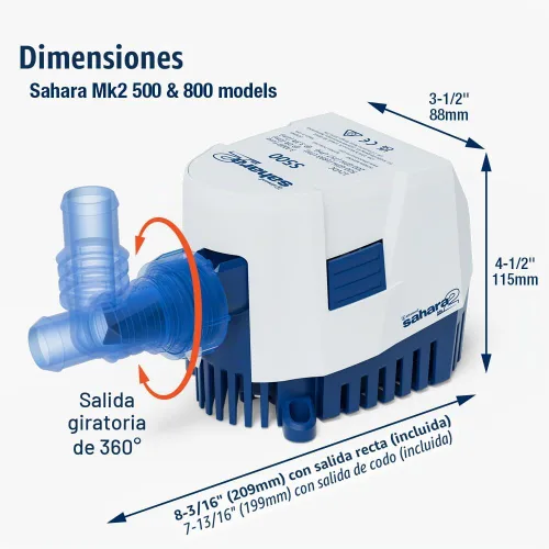 Vista 6 de Attwood 5505-7 Sahara MK2 S500 (12V), Bomba de Achique Automática, 500 GPH, con Accesorios (Codo y Recto), Reemplazo Directo para Attwood 4505-7