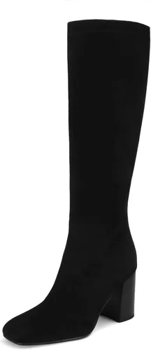 Vista 7 de SOVANYOU Botas altas de piel sintética para mujer, punta cuadrada, tacón grueso, hasta la rodilla, con cremallera lateral Negro