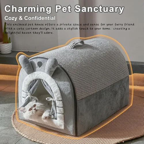 Vista 3 de Jiupety Casas para gatos de interior, cama cueva con diseño de cortina de puerta, bonitas camas portátiles con cojín reversible lavable, tamaño S