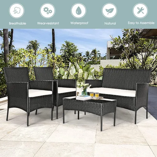 Vista 4 de Juego de muebles de patio de 4 piezas, juego de conversación al aire libre con respaldo ergonómico curvo, juego de sillas de patio con cojín