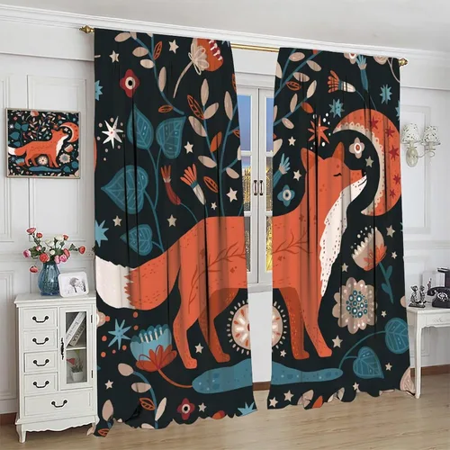 Vista 4 de Cortinas opacas de dibujos animados de animales de bosque naranja, zorro, flores, luna, hojas azules, arte abstracto, niños y niñas, decoración