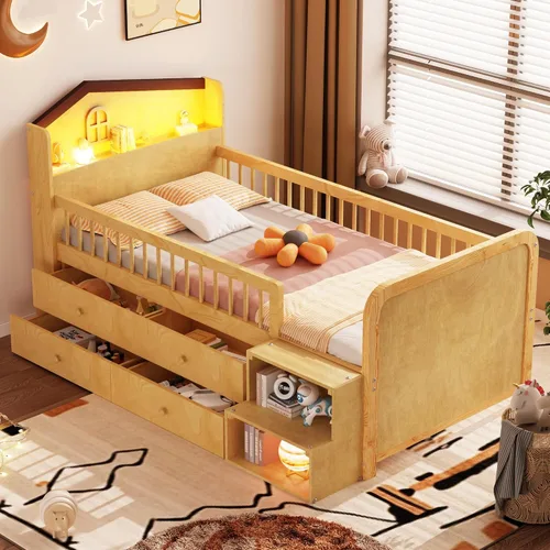 Vista 28 de VilroCaz Cama de plataforma de tamaño individual con barandilla y cabecera multifuncional, base de cama de plataforma de madera con 2 cajones