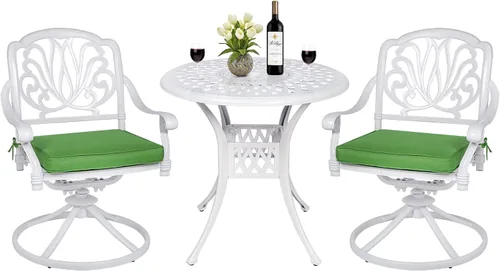 Vista 12 de Juego de comedor de patio al aire libre de 3 piezas, juego de conversación de aluminio fundido para todo tipo de clima con 2 cojines giratorios